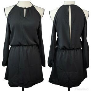 Black Cold Shoulder Dress Womens Sz M Mini Blouson Long Sleeve Party Casual Date